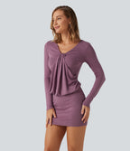 Deep V Neck Long Sleeve Ruched Bodycon Mini Party Dress — Red Violet Floral Yarn — view 3