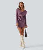 Deep V Neck Long Sleeve Ruched Bodycon Mini Party Dress — Red Violet Floral Yarn — view 5