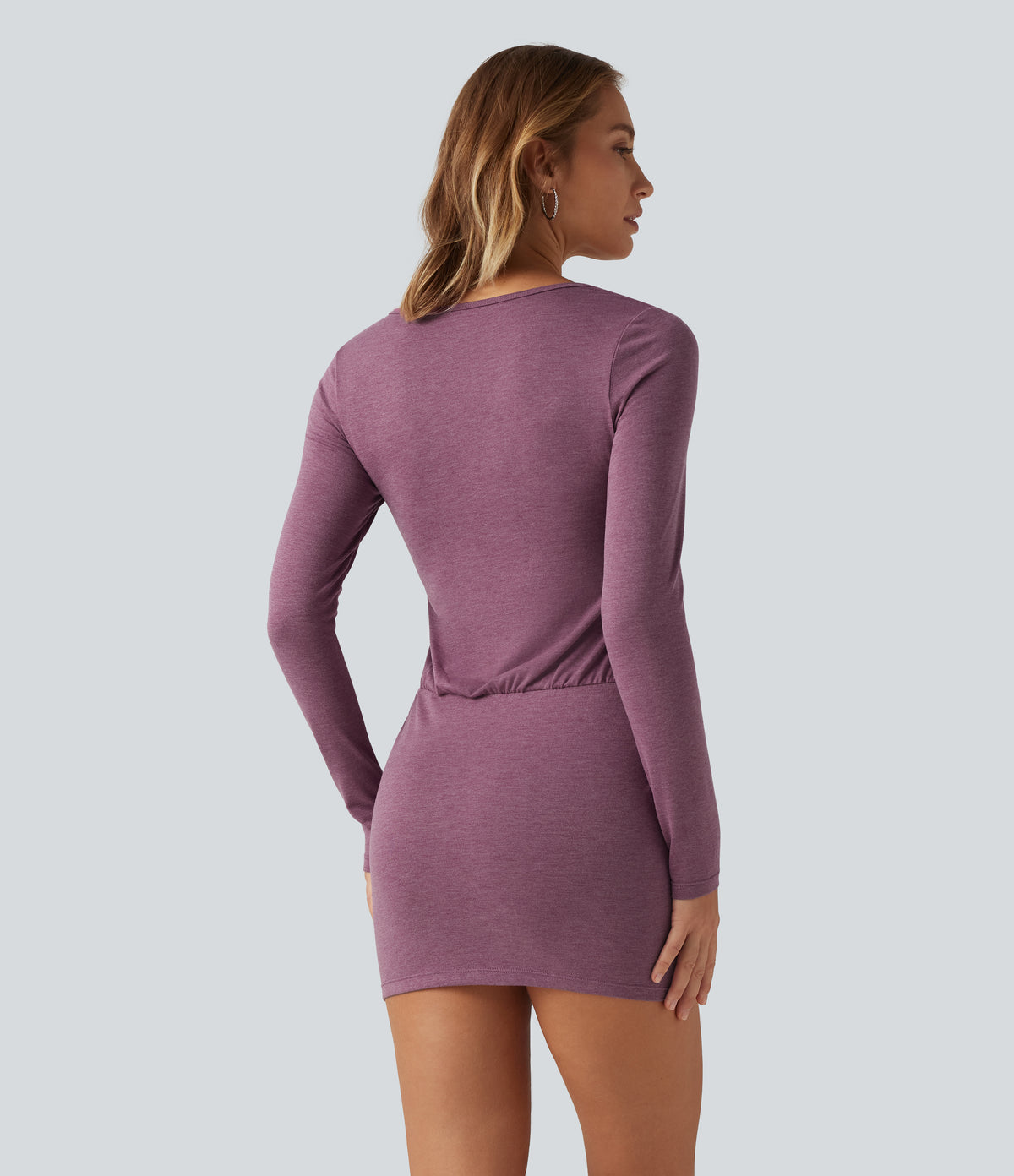 Deep V Neck Long Sleeve Ruched Bodycon Mini Party Dress — Red Violet Floral Yarn — view 2