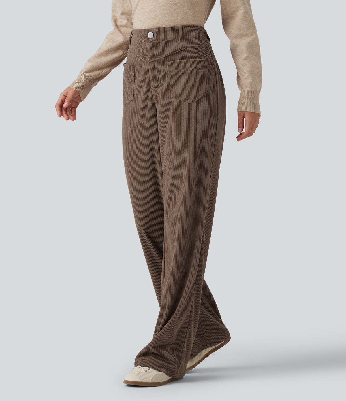 Mid Rise Straight Leg Corduroy Casual Trousers with Pockets — Acorn — view 3