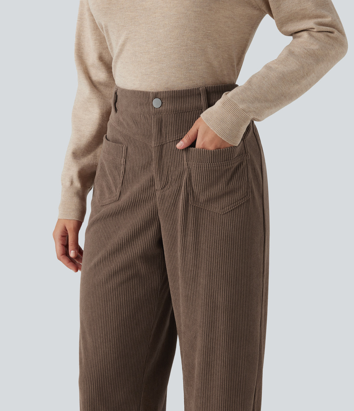 Mid Rise Straight Leg Corduroy Casual Trousers with Pockets — Acorn — view 4
