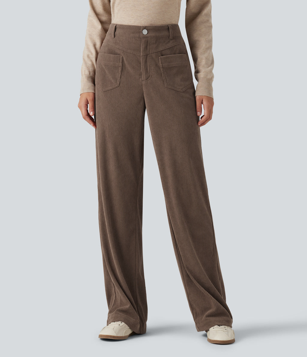 Mid Rise Straight Leg Corduroy Casual Trousers with Pockets — Acorn — view 1