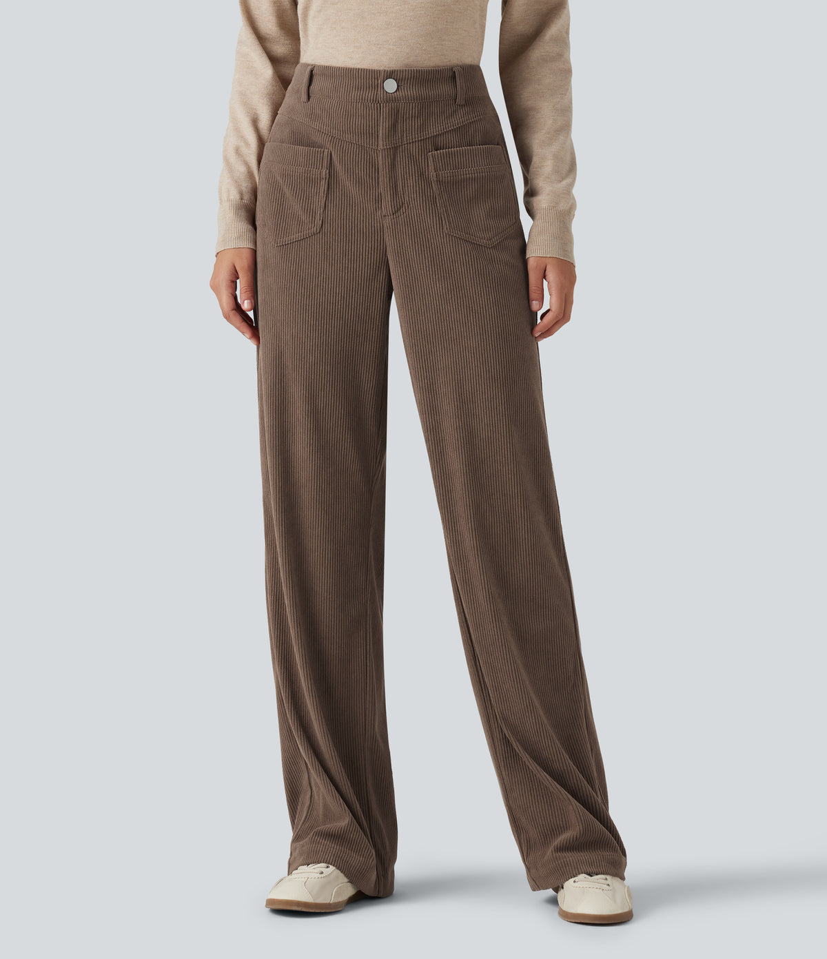 Mid Rise Straight Leg Corduroy Casual Trousers with Pockets — Acorn — view 1
