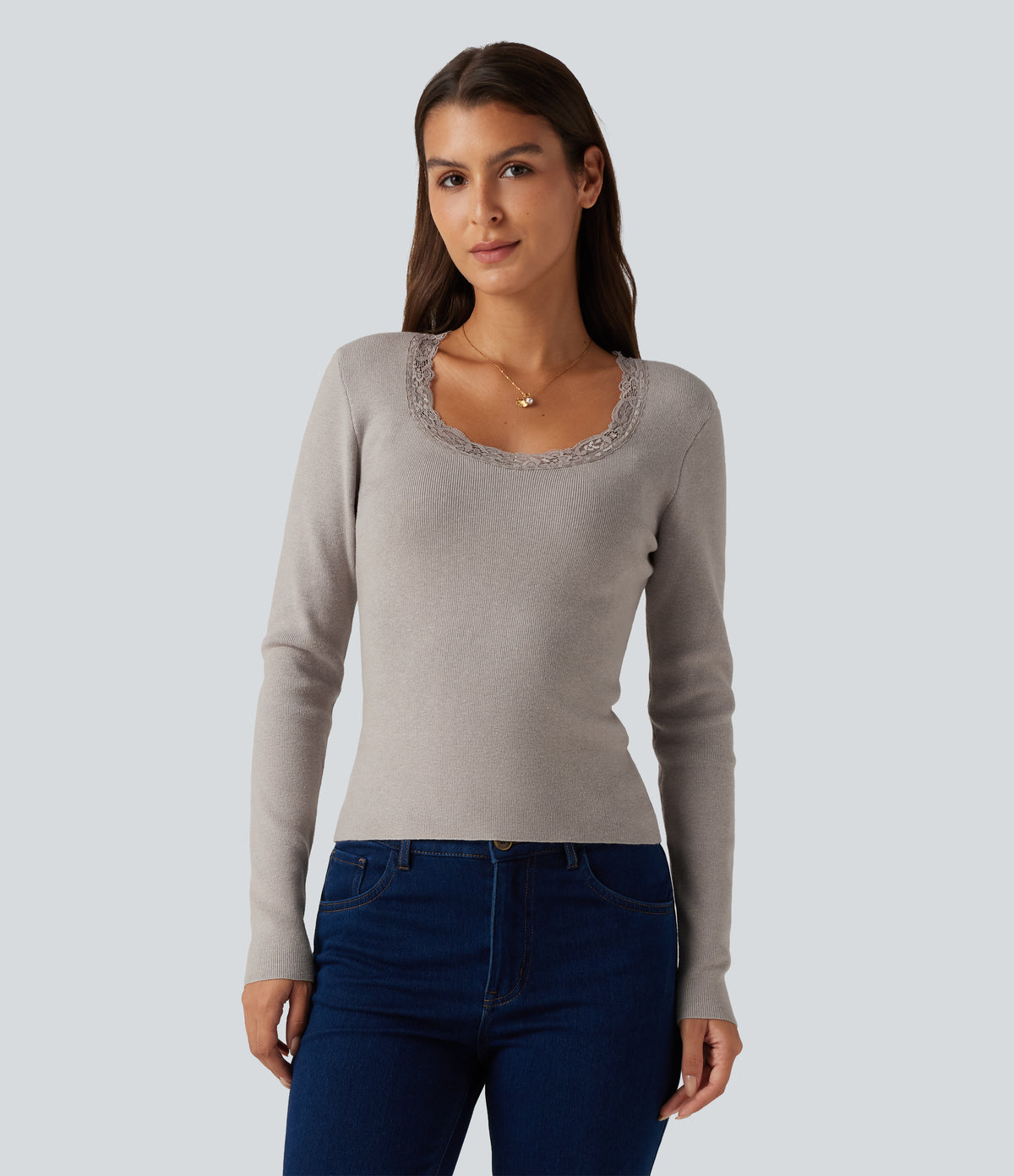 Round Neck Long Sleeve Contrast Lace Casual Jumper — Etherea — view 4