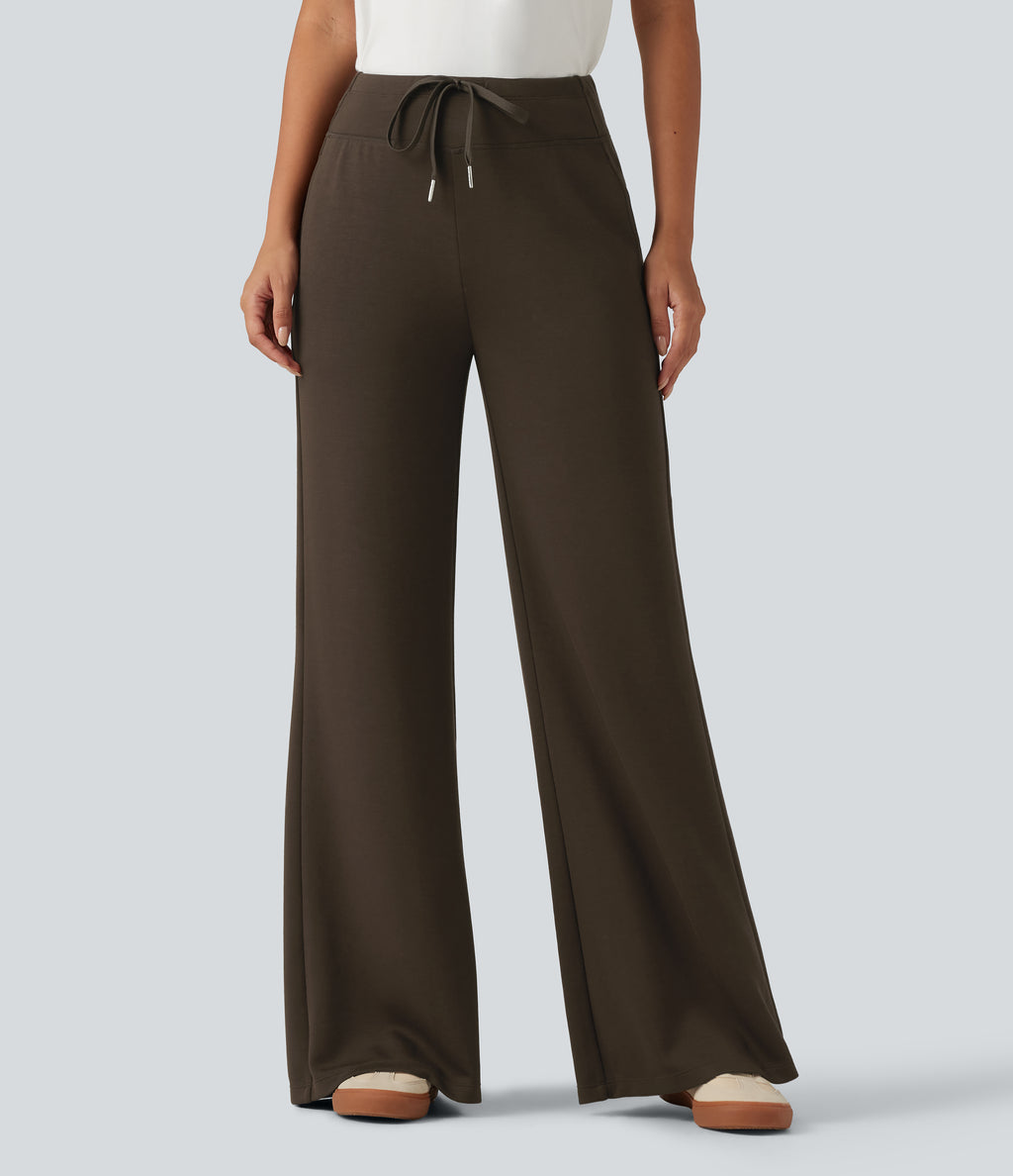 Mid Rise Drawstring Bootcut Casual Sweatpants with Pockets — Smoked Pecan — view 1