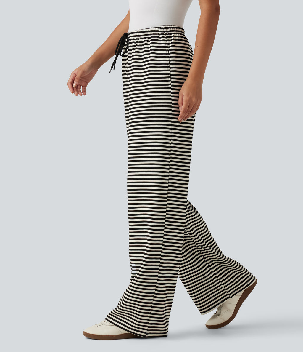 Mid Rise Drawstring Wide Leg Stripe Casual Sweatpants with Pockets — Monochrome Stripe — view 3