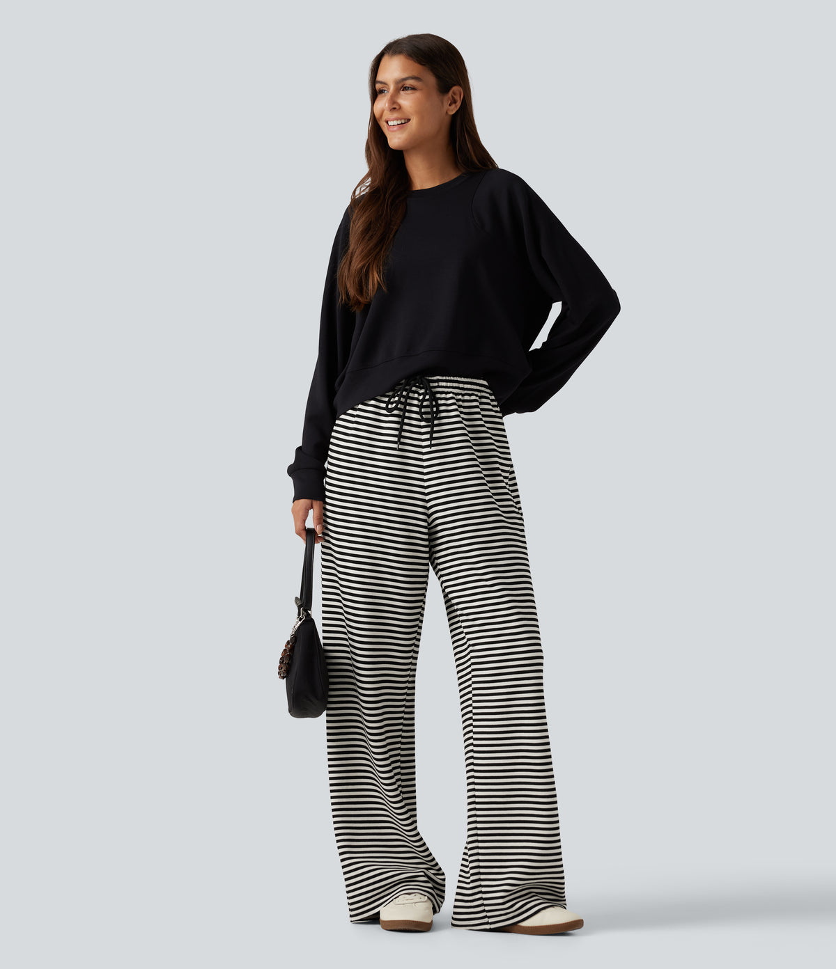 Mid Rise Drawstring Wide Leg Stripe Casual Sweatpants with Pockets — Monochrome Stripe — view 7