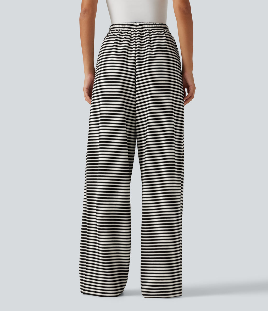 Mid Rise Drawstring Wide Leg Stripe Casual Sweatpants with Pockets — Monochrome Stripe — view 2