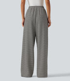 Mid Rise Drawstring Wide Leg Stripe Casual Sweatpants with Pockets — Monochrome Stripe — view 2