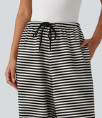 Mid Rise Drawstring Wide Leg Stripe Casual Sweatpants with Pockets — Monochrome Stripe — view 4