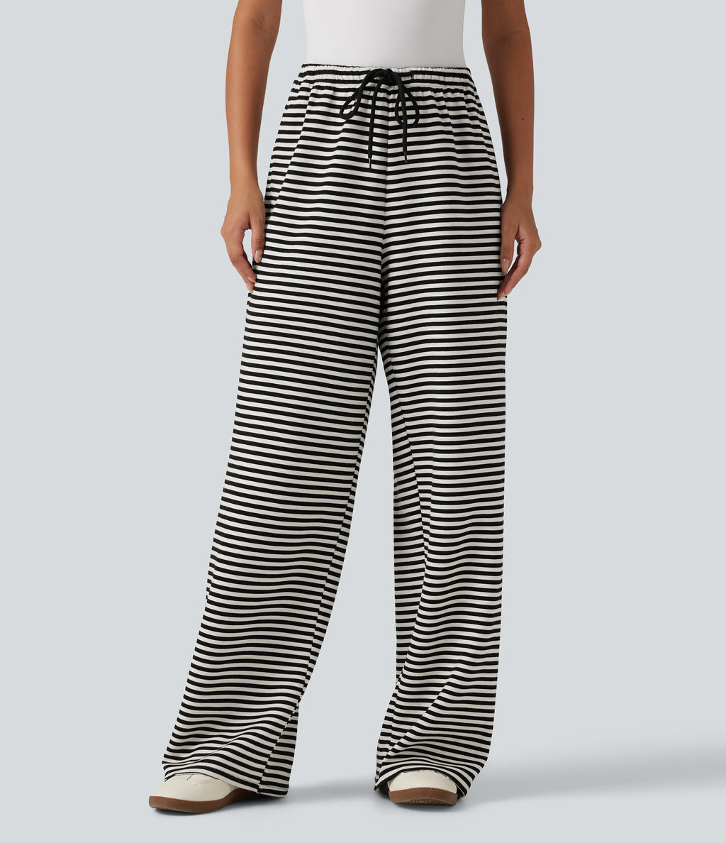 Mid Rise Drawstring Wide Leg Stripe Casual Sweatpants with Pockets — Monochrome Stripe — view 1