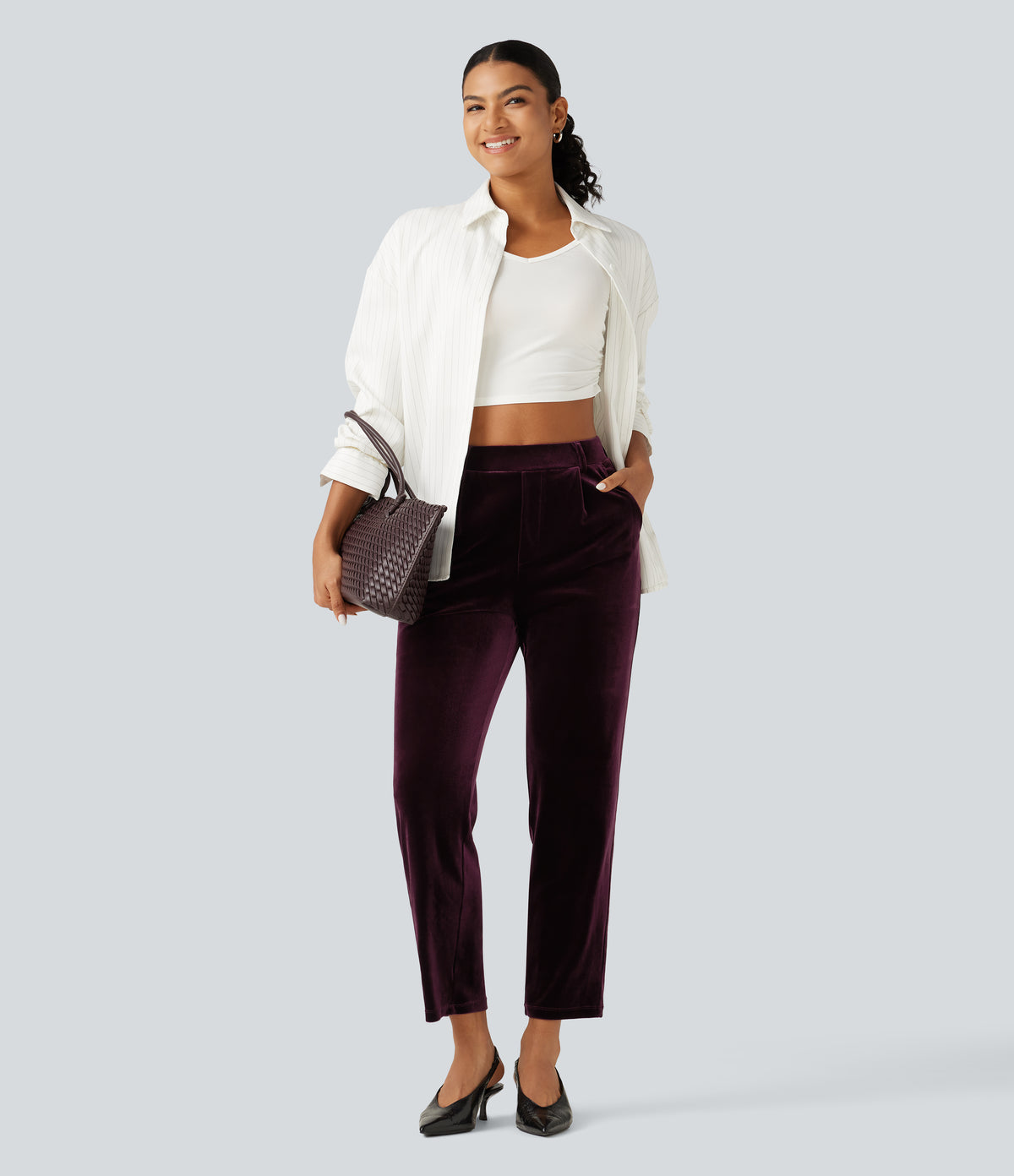 High Waisted Velvet Work Trousers with Pockets — Dusky purple — view 8