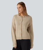 Round Neck Long Sleeve Casual Cardigan — Pale Khaki — view 4