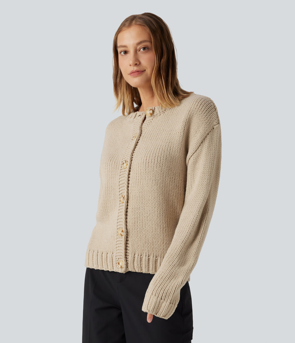 Round Neck Long Sleeve Casual Cardigan — Pale Khaki — view 3