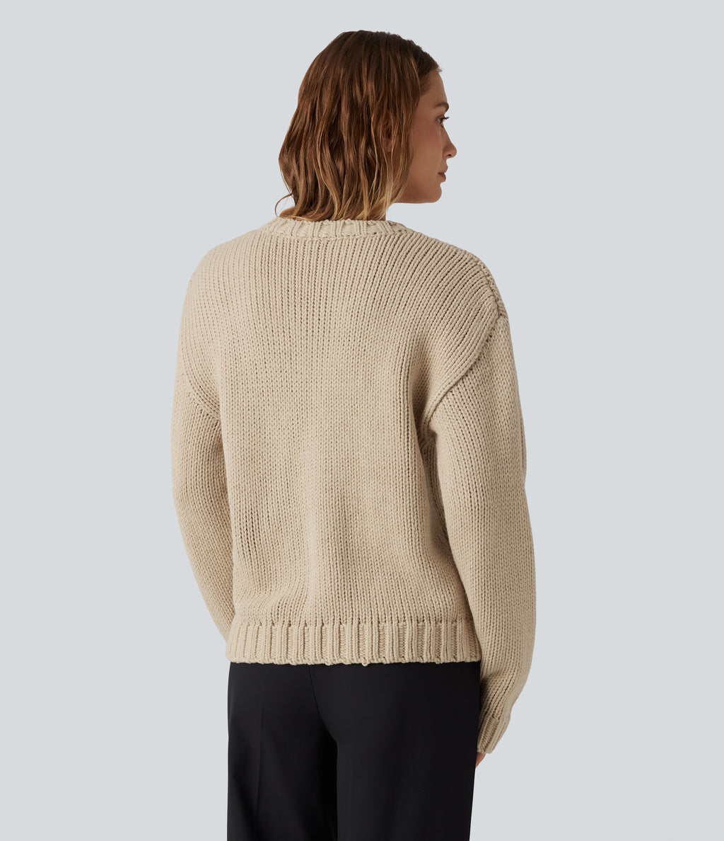 Round Neck Long Sleeve Casual Cardigan — Pale Khaki — view 2
