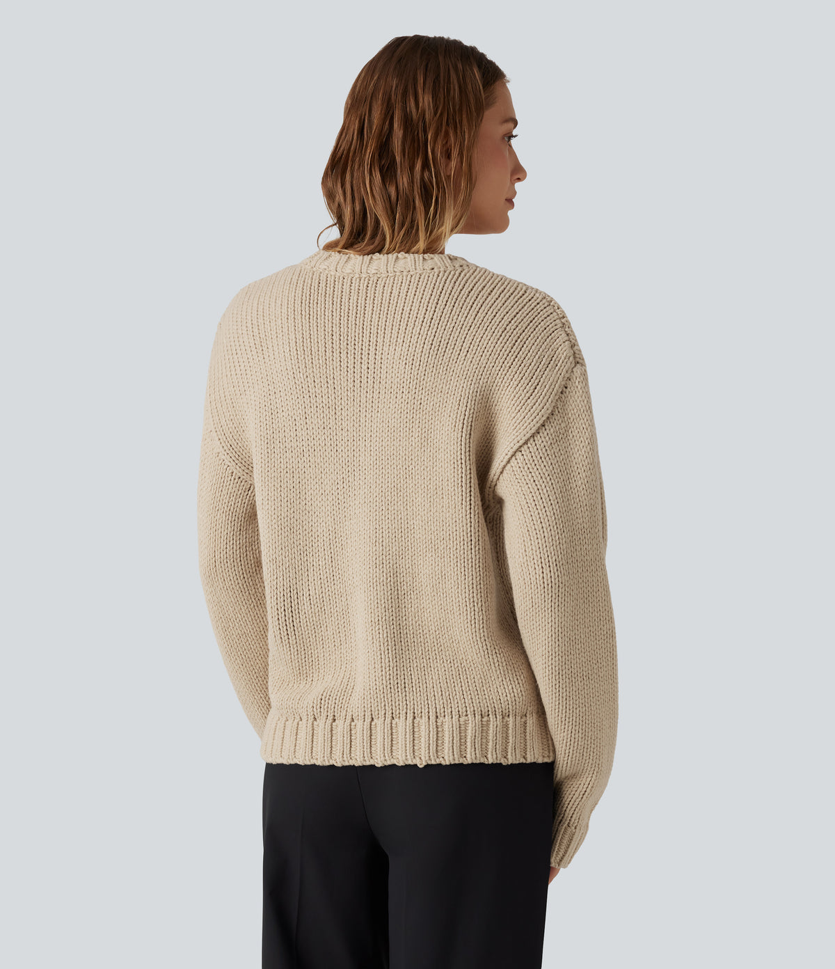 Round Neck Long Sleeve Casual Cardigan — Pale Khaki — view 2