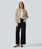Round Neck Long Sleeve Casual Cardigan — Pale Khaki — view 7