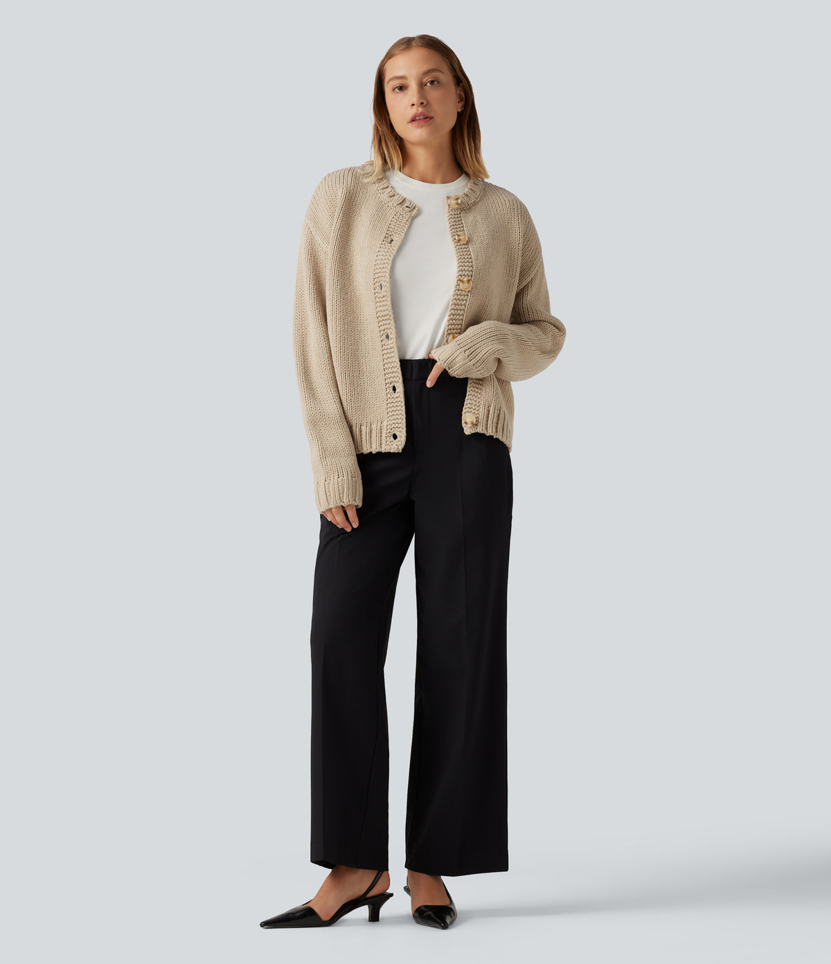 Round Neck Long Sleeve Casual Cardigan — Pale Khaki — view 7