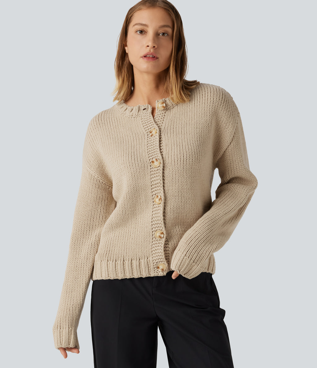 Round Neck Long Sleeve Casual Cardigan — Pale Khaki — view 1