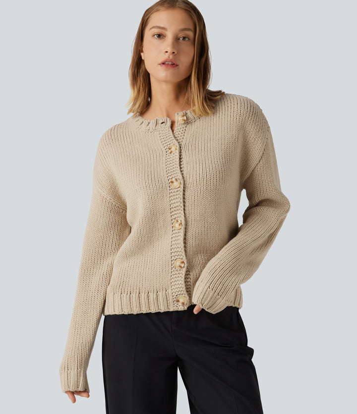 Round Neck Long Sleeve Casual Cardigan — Pale Khaki — view 1