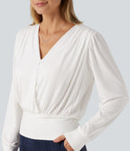 V Neck Long Sleeve Ruched Casual Top — Wispy Clouds — view 6