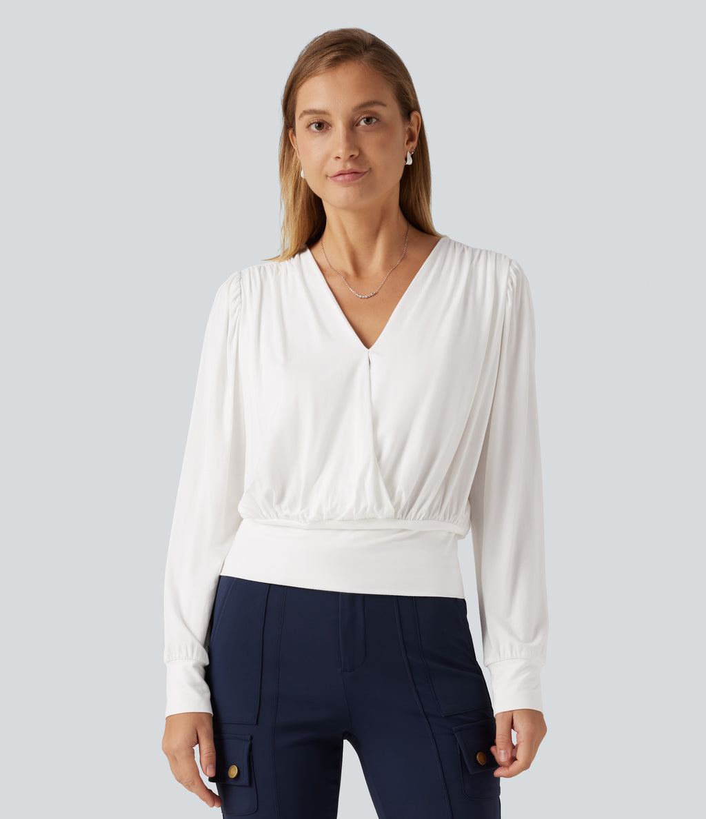 V Neck Long Sleeve Ruched Casual Top — Wispy Clouds — view 4