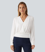 V Neck Long Sleeve Ruched Casual Top — Wispy Clouds — view 4