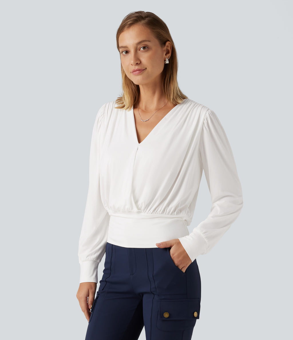 V Neck Long Sleeve Ruched Casual Top — Wispy Clouds — view 3