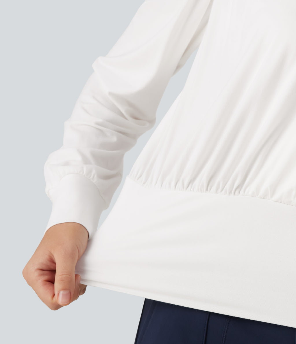 V Neck Long Sleeve Ruched Casual Top — Wispy Clouds — view 7