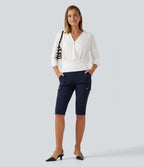 V Neck Long Sleeve Ruched Casual Top — Wispy Clouds — view 8