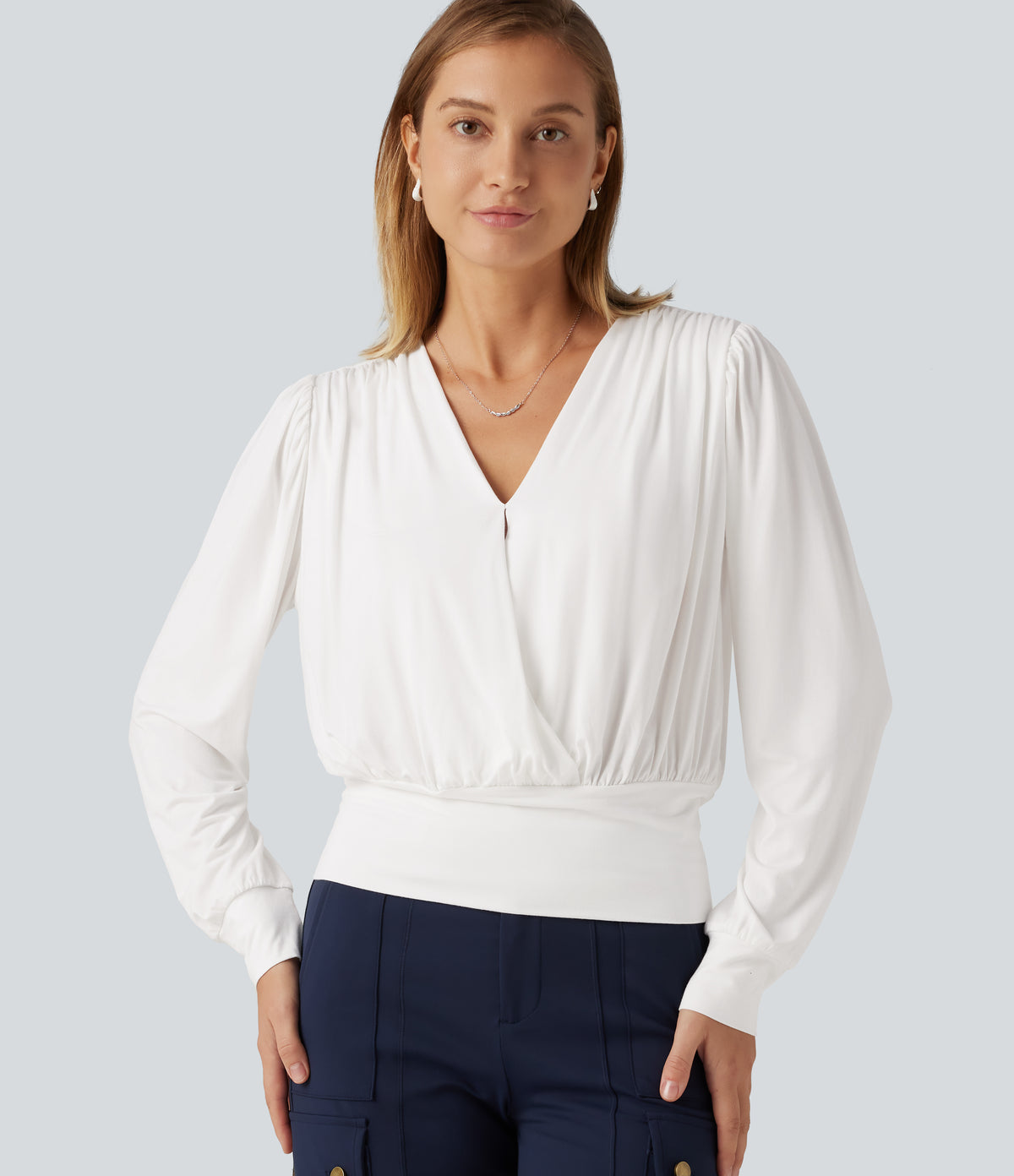 V Neck Long Sleeve Ruched Casual Top — Wispy Clouds — view 1