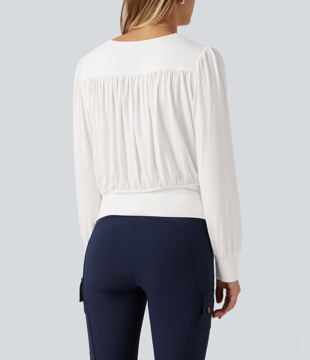 V Neck Long Sleeve Ruched Casual Top — Wispy Clouds — view 5