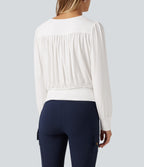 V Neck Long Sleeve Ruched Casual Top — Wispy Clouds — view 5