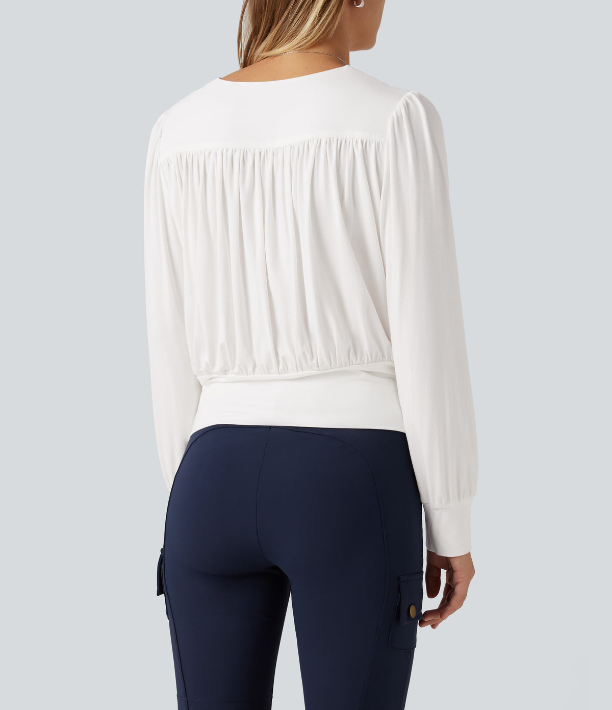 V Neck Long Sleeve Ruched Casual Top — Wispy Clouds — view 5