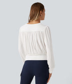 V Neck Long Sleeve Ruched Casual Top — Wispy Clouds — view 2