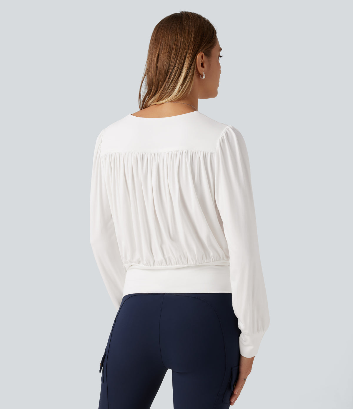 V Neck Long Sleeve Ruched Casual Top — Wispy Clouds — view 2