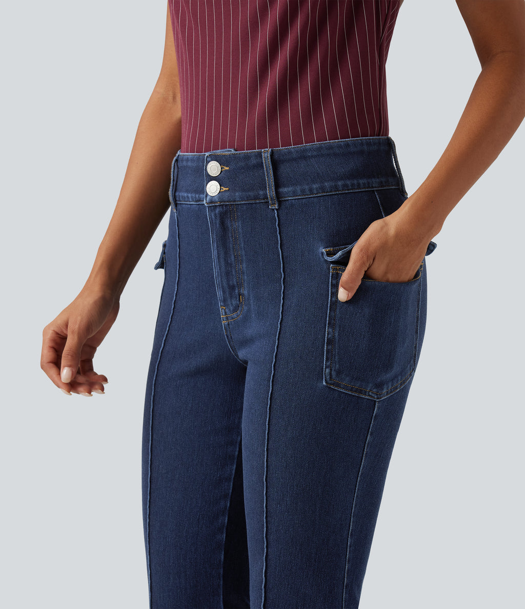 High Waisted Casual Flare Jeans with Pockets — Estate Blue Denim — view 4