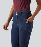 High Waisted Casual Flare Jeans with Pockets — Estate Blue Denim — view 4