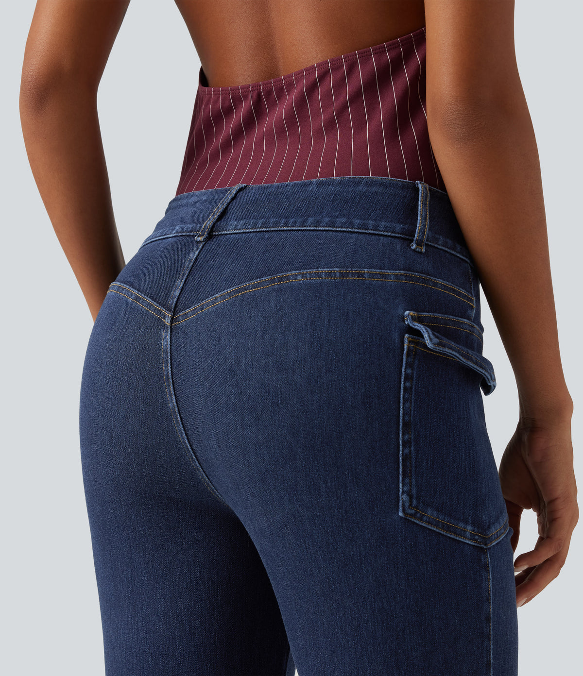 High Waisted Casual Flare Jeans with Pockets — Estate Blue Denim — view 5