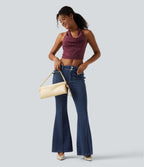 High Waisted Casual Flare Jeans with Pockets — Estate Blue Denim — view 7