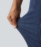 High Waisted Casual Flare Jeans with Pockets — Estate Blue Denim — view 6