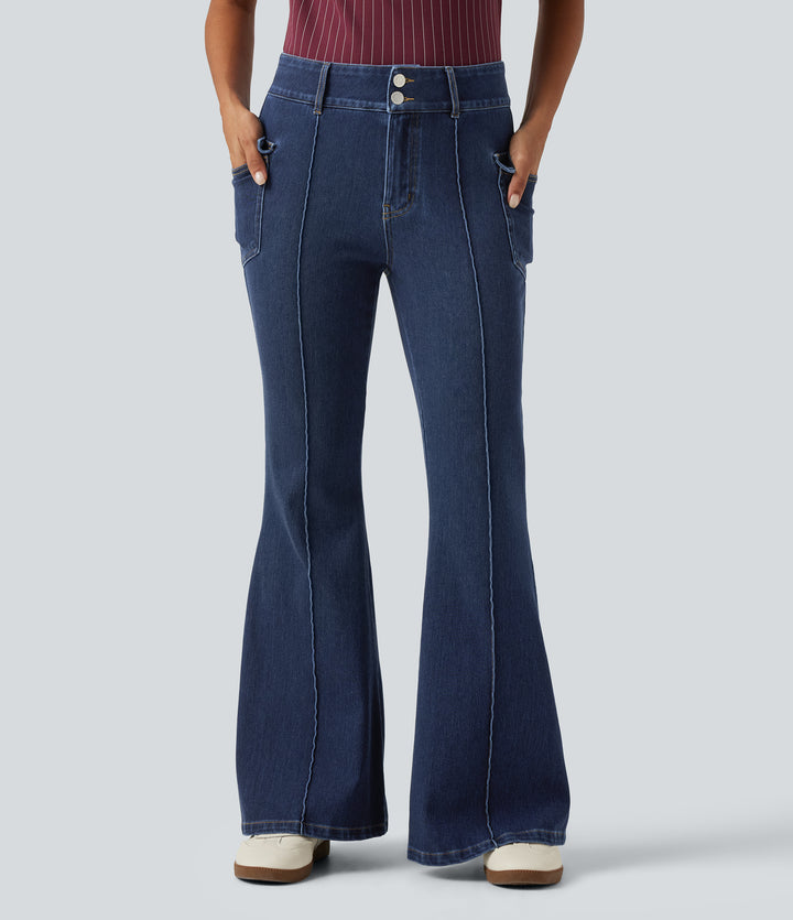 High Waisted Casual Flare Jeans with Pockets — Estate Blue Denim — view 1