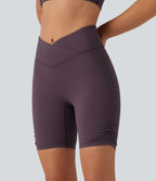 Speedwave High Waisted Tummy Control Crossover Ruched Training Biker Shorts 7" with Pocket — Dusky Evening purple — view 3