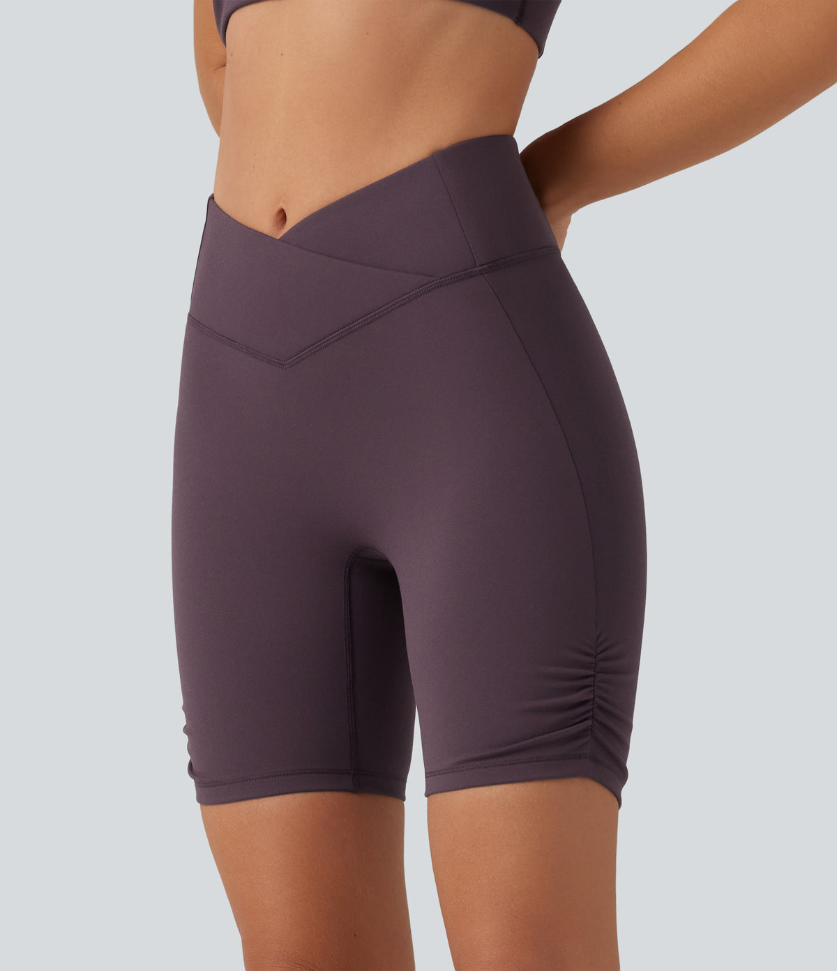 Speedwave High Waisted Tummy Control Crossover Ruched Training Biker Shorts 7" with Pocket — Dusky Evening purple — view 3