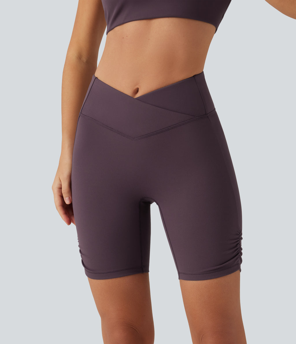 Speedwave High Waisted Tummy Control Crossover Ruched Training Biker Shorts 7" with Pocket — Dusky Evening purple — view 4