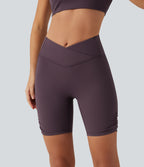 Speedwave High Waisted Tummy Control Crossover Ruched Training Biker Shorts 7" with Pocket — Dusky Evening purple — view 4
