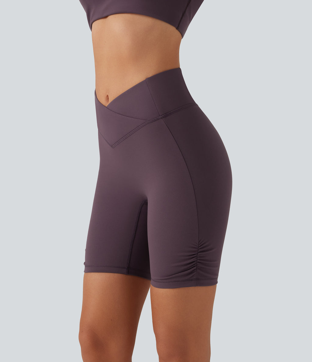 Speedwave High Waisted Tummy Control Crossover Ruched Training Biker Shorts 7" with Pocket — Dusky Evening purple — view 5