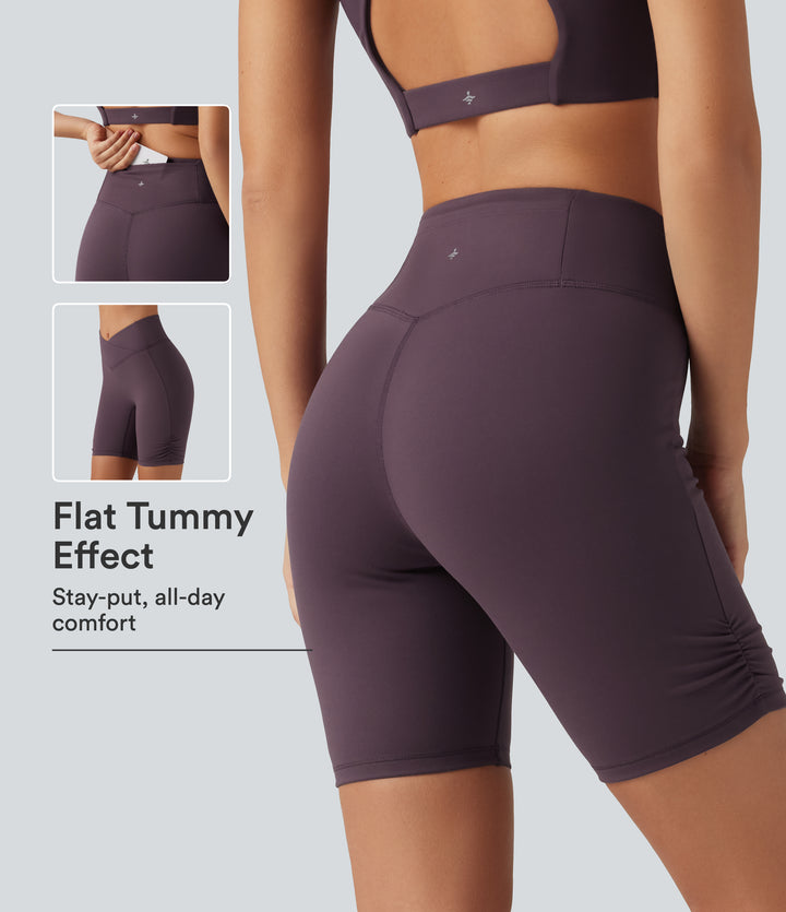 Speedwave High Waisted Tummy Control Crossover Ruched Training Biker Shorts 7" with Pocket — Dusky Evening purple — view 1