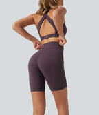Speedwave High Waisted Tummy Control Crossover Ruched Training Biker Shorts 7" with Pocket — Dusky Evening purple — view 6