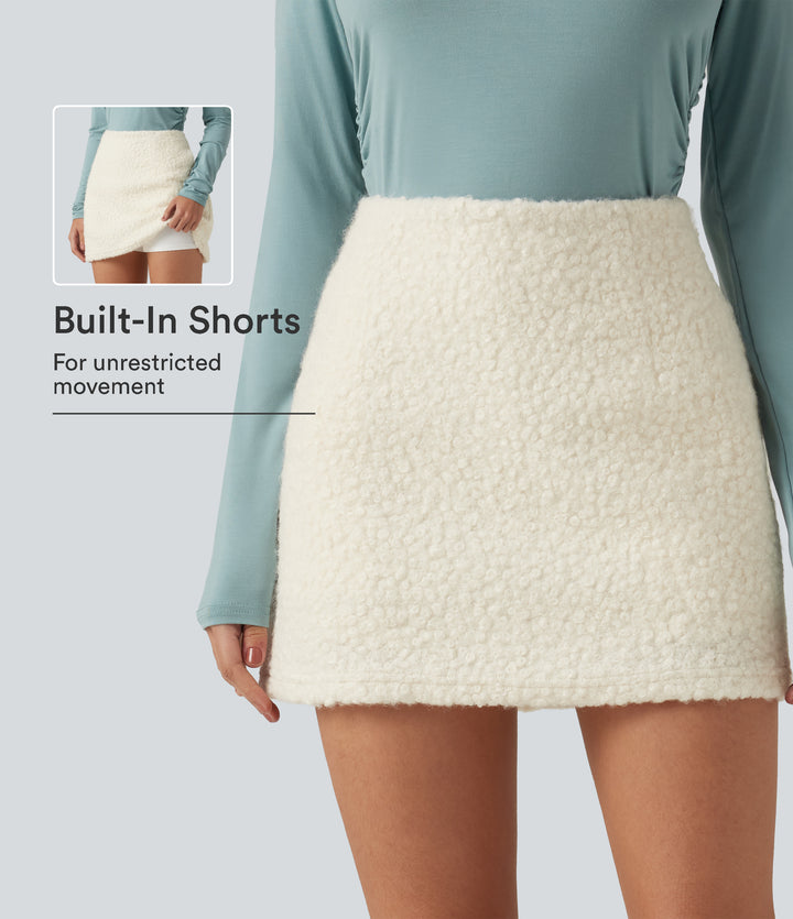 High Waisted 2-in-1 A Line Mini Casual Teddy Skirt with Pockets — Whisper White — view 1